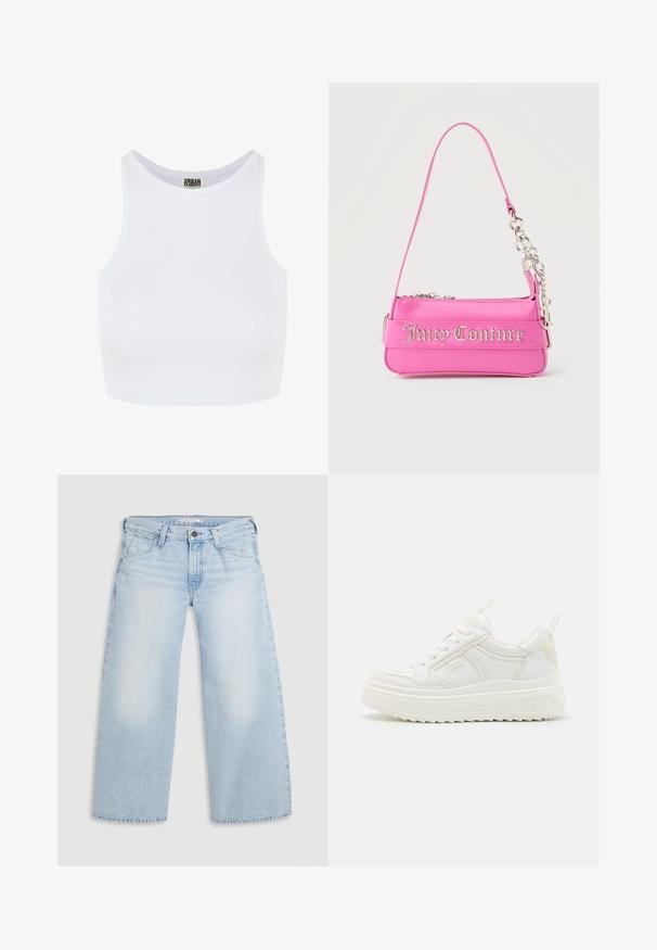 Débardeur court blanc à côtes avec de larges bretelles et un col rond. Il présente une texture douce et un design minimaliste sans motifs.; Jean large bleu clair en denim. Présente une coupe droite, un design à cinq poches et une fermeture par bouton à la taille.; Baskets en cuir blanc avec une semelle épaisse, design à lacets et branding subtil. Présentent une texture lisse et un bout arrondi.; Petit sac à main Juicy Couture rose vif avec détail en chaîne argentée et lettrage du logo sur le devant, une seule bandoulière étroite.