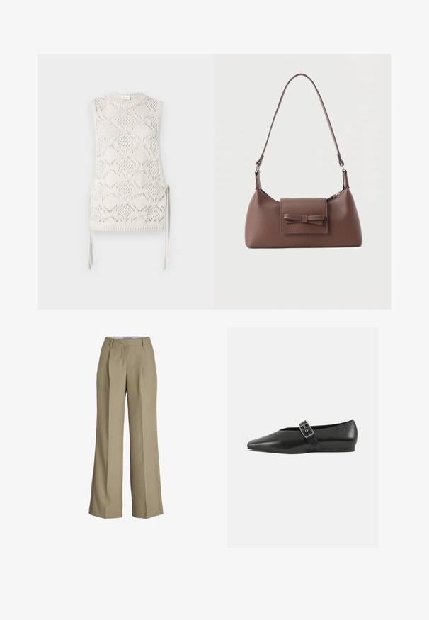 Débardeur en tricot sans manche en blanc cassé avec un motif en diamant, surface texturée et liens sur les côtés. Encolure ronde et détail de ourlet côtelé.; Pantalons larges beiges avec taille haute, plis sur le devant et une texture de tissu lisse. Design classique avec une finition soignée.; Chaussure plate en cuir noir avec un orteil pointu, présentant une sangle à boucle métallique sur le cou-de-pied et une semelle basse et flexible.; Sac à bandoulière en cuir marron avec une poche à rabat avant ornée d'un détail en forme de nœud cousu et une sangle réglable.