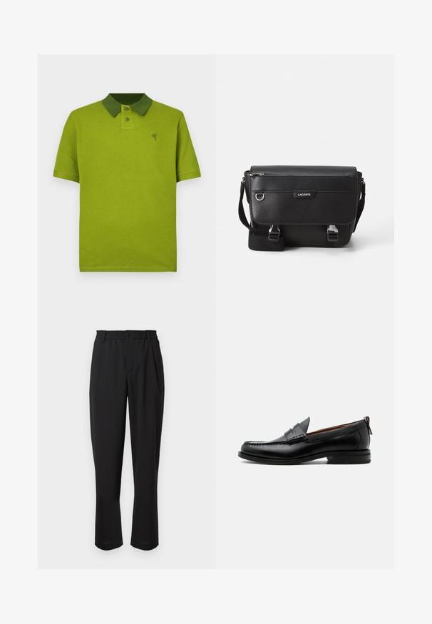 Groen gestructureerd poloshirt met een contrasterende donkere groene kraag, een knoopsluiting met twee knopen en een klein logo op de borst.; Zwarte pantalon met een elastische tailleband, knoopsluiting en rechte pijpen. Glad stof, zonder zichtbare patronen of accenten.; Zwarte leren herensloffen met moc toe stiksel, pennyriem, gestructureerde kraag en lage gestapelde hak op witte achtergrond.; Zwarte textuur Lacoste schoudertas met verstelbare strap, voormep flap, ritszak en metalen gesp-sluiting.