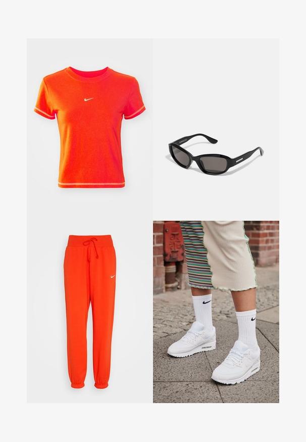 Červené skrátené tričko vyrobené z bavlny, s rebrovaným okrúhlym výstrihom a krátkymi rukávmi. Na prednej strane zobrazuje malé biele logo Nike.; Nike Sportswear W PHNX FLC HR OS - Tepláky - picante red/sail; Biele tenisky Nike Air Max 90 s vrchnou časťou z kombinácie sieťovaného a koženého materiálu, s viditeľnou vzduchovou jednotkou, v kombinácii s bielymi rebrovanými ponožkami s čiernym logom.; Čierne slnečné okuliare s obdĺžnikovým rámom, tmavými šošovkami, hladkým plastovým materiálom a kovovým akcentom na ramene.