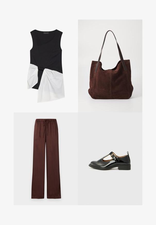 Haut sans manches noir à côtes avec un design asymétrique, présentant un détail en tissu torsadé blanc au niveau de la taille et un col rond.; Pantalon large marron avec fines rayures verticales noires et taille élastique avec cordon de serrage à l’avant.; Chaussure Mary Jane en cuir verni noir avec un bout arrondi, une sangle au niveau de la cheville, un détail de boucle dorée et un petit talon carré. Texture lisse.; Sac fourre-tout en daim marron avec deux anses en cuir noir. Texture douce, haut arrondi et un intérieur spacieux. Aucun matériel ou embellissement visible.