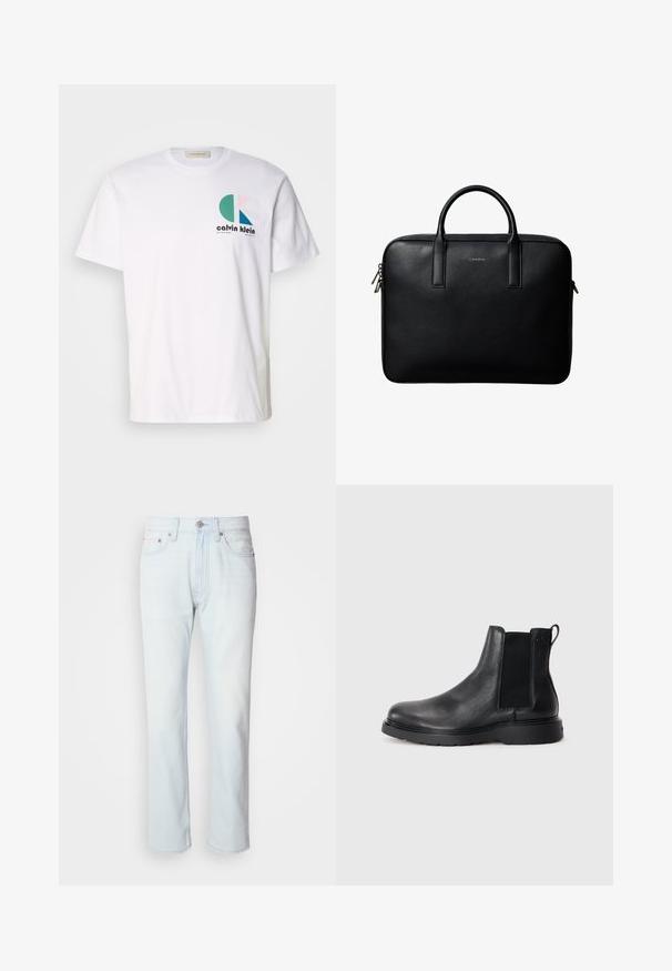 Biele bavlnené tričko s viacfarebným grafickým dizajnom obsahujúcim kruhové tvary a logom "Calvin Klein" na prednej strane. Krátke rukávy, okrúhly výstrih.; Svetlomodré riflové nohavice so strihom rovného nohavice. Majú gombíkový uzáver a pútka na opasok, pričom preukazujú vyblednutú štruktúru a minimálne šitie.; Čierne kožené chelsea čižmy s textúrovaným povrchom, elastickými bočnými panelmi a pevným gumovým podpätkom. Diskrétny branding na päte.; Čierna textúrovaná kožená aktovka s dvojitými rúčkami a striebornými zipsami, centrovaná na bielom pozadí.