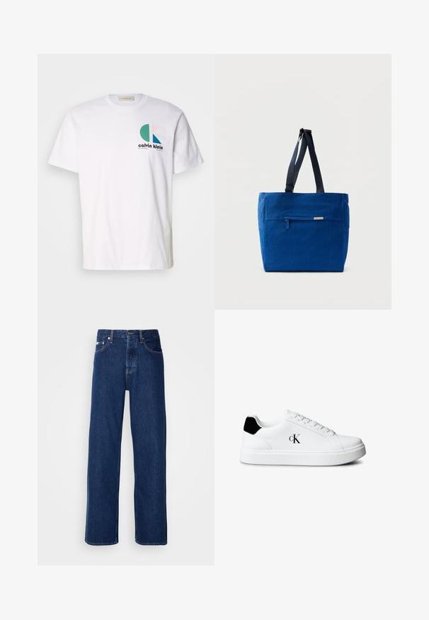 Biele bavlnené tričko s viacfarebným grafickým dizajnom obsahujúcim kruhové tvary a logom "Calvin Klein" na prednej strane. Krátke rukávy, okrúhly výstrih.; Tmavomodré džínsy s širokým strihom, s gombíkovým zapínaním a klasickým piatym vreckovým dizajnom. Tkanina má hladkú textúru.; Biela nízka teniska s čiernou pätovou záložkou a logom „cK“ na boku, s bielymi šnúrkami a hrubou bielou podrážkou.; Modrá plátenná taška cez rameno s predným vreckom na zips, dvojitými ramennými popruhmi a obdĺžnikovým tvarom. Má nenápadnú značkovú etiketu.
