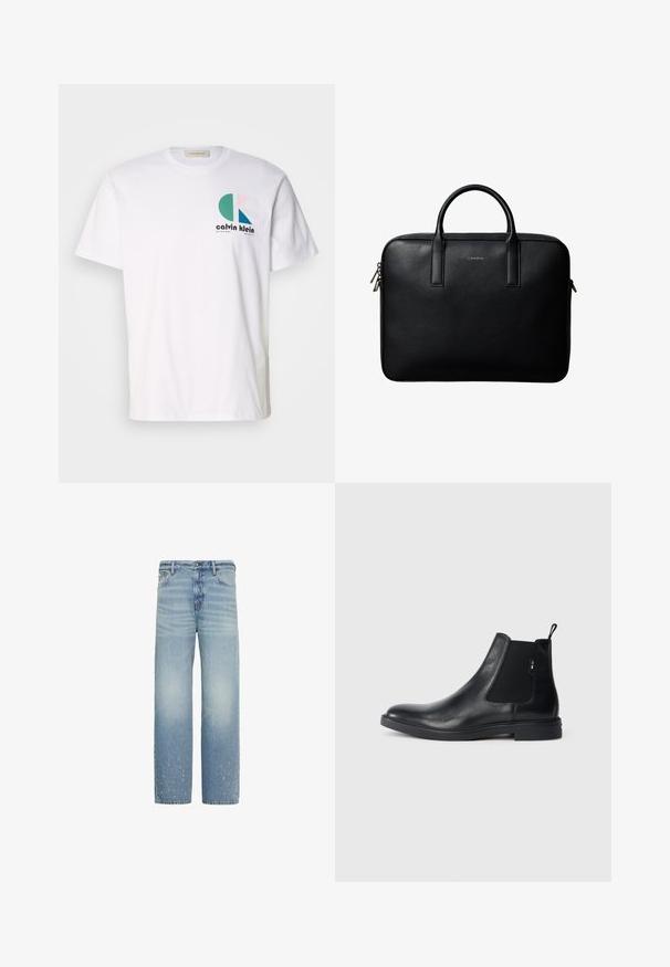 Witte katoenen t-shirt met een kleurrijk grafisch ontwerp met ronde vormen en het "Calvin Klein" logo aan de voorkant. Korte mouwen, ronde hals.; Lichtblauwe rechte spijkerbroek met subtiele vervaging en kleine beschadigde plekjes vlak bij de onderzoom aan beide pijpen.; Zwarte leren Chelsea-boots met elastische zijpanelen, een treklipje en een vlakke rubberen zool. Gladde textuur met minimale details.; Zwarte gestructureerde leren aktetas met dubbele handvatten en zilveren ritstrekkers, gecentreerd op een witte achtergrond.