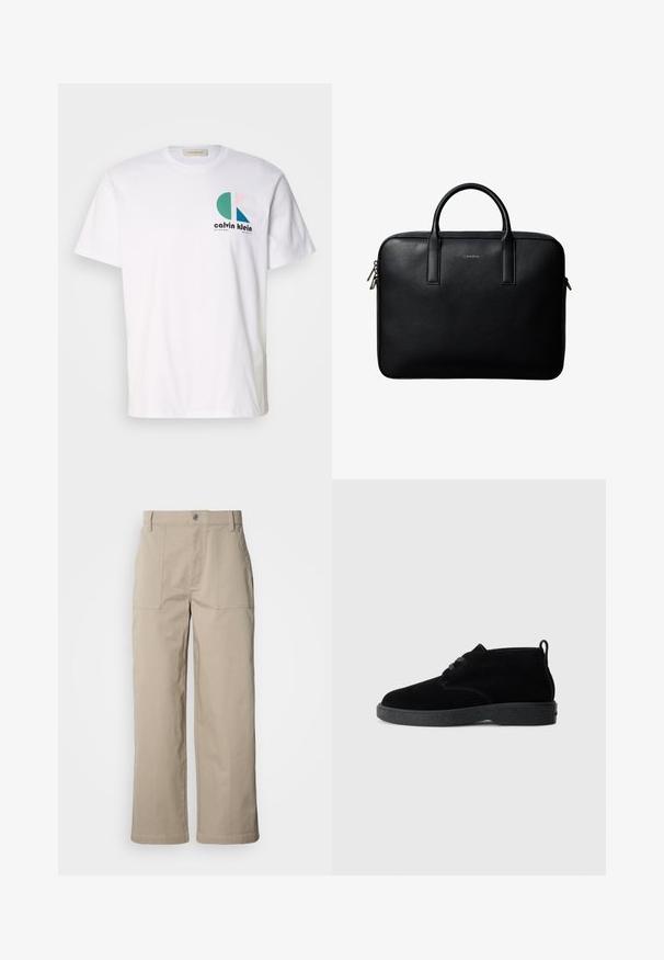 Biele bavlnené tričko s viacfarebným grafickým dizajnom obsahujúcim kruhové tvary a logom "Calvin Klein" na prednej strane. Krátke rukávy, okrúhly výstrih.; Béžové nohavice s širokými nohavicami z bavlny; majú predné nášivkové vrecká, zapínanie na gombík a viditeľné prešívanie pozdĺž lemov.; Čierne suede ankle boots s okrúhlou špičkou, šnurovacími detailmi, čiernou gumovou podrážkou a ťahacou slučkou na zadnej strane pre jednoduché obúvanie.; Čierna textúrovaná kožená aktovka s dvojitými rúčkami a striebornými zipsami, centrovaná na bielom pozadí.