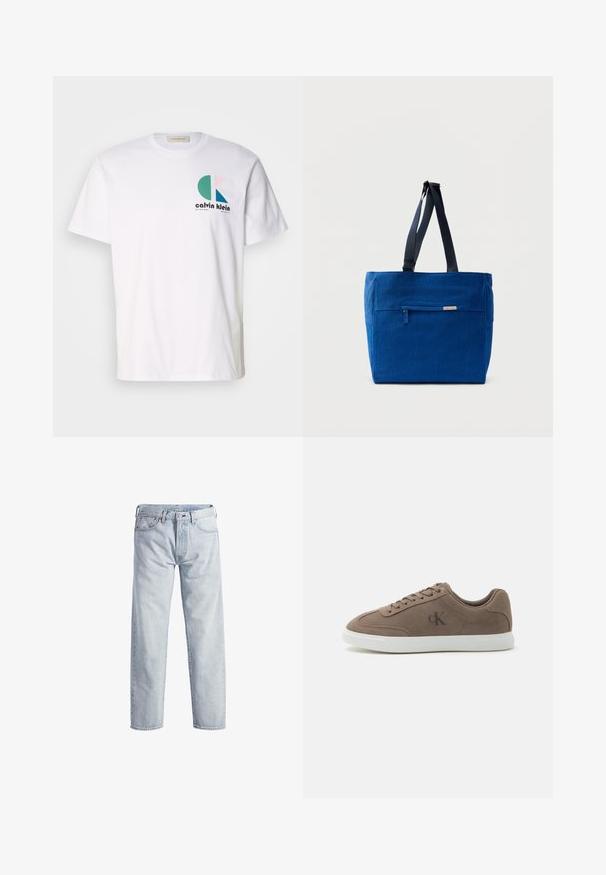 Biele bavlnené tričko s viacfarebným grafickým dizajnom obsahujúcim kruhové tvary a logom "Calvin Klein" na prednej strane. Krátke rukávy, okrúhly výstrih.; Svetlo modré džíny z denimu so strihom rovného nohavice, so zapínaním na gombíky, piatimi vreckami a jemným efektom blednutia. Obsahuje kovové prvky.; Nízke tenisky z semišu v farbe taupe s béžovými šnúrkami, bielou gumovou podrážkou a nenápadným logom "cK" na boku.; Modrá plátenná taška cez rameno s predným vreckom na zips, dvojitými ramennými popruhmi a obdĺžnikovým tvarom. Má nenápadnú značkovú etiketu.