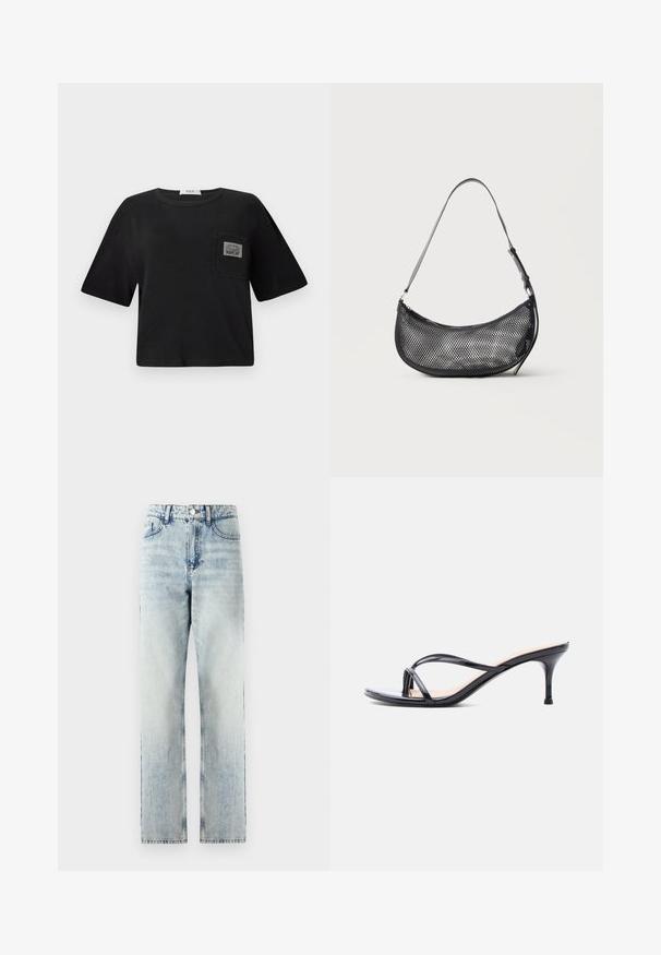 T-shirt noir court en coton, avec un col rond et des manches courtes. Comprend une poche à rabat avec une étiquette "REPLAY".; Jeans taille haute bleu clair en denim. Conception à jambe droite avec un léger dégradé, cinq poches et fermetures à bouton en métal.; Sandale à talon en cuir verni noir avec fines lanières croisées et talon aiguille moyen et élancé sur fond blanc.; Petit sac d'épaule noir en mesh en forme de croissant avec une lanière fine réglable, sur un fond clair uni.