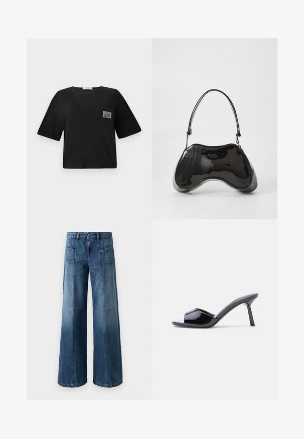 T-shirt noir court en coton, avec un col rond et des manches courtes. Comprend une poche à rabat avec une étiquette "REPLAY".; Jeans évasés en denim bleu délavé. Comprend cinq poches, une fermeture à bouton et à fermeture éclair, avec des coutures apparentes et une coupe décontractée.; Sandales à talons ouverts en cuir verni noir, avec un design supérieur incurvé et un talon aiguille effilé. Finition lisse et brillante.; Sac à main en cuir verni noir avec une forme incurvée unique, une anse courte et ajustable, et une fermeture zippée. Texture lisse avec un branding discret.