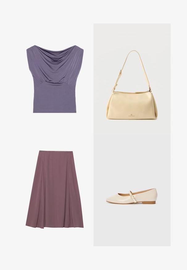 Haut ajusté violet avec décolleté drapé, manches courtes et texture froncée, fabriqué à partir d'un tissu doux et extensible pour le confort.; Une jupe longueur genou dans une couleur mauve atténuée, fabriquée en tissu léger avec un design plissé et une texture lisse. Aucun fermoir visible.; Ballerines en cuir verni beige avec un embout carré, un petit talon et une bride ajustable à la cheville avec une boucle dorée.; Sac bandoulière rectangulaire beige avec sangle réglable et fermeture éclair, comportant un petit logo "Anna Field" au centre avant.