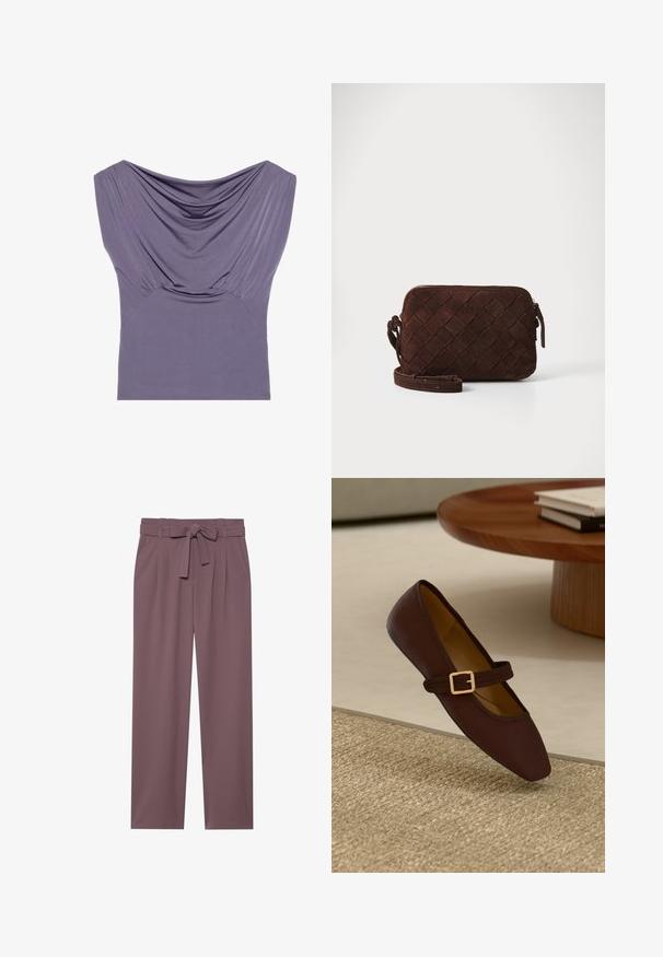 Haut ajusté violet avec décolleté drapé, manches courtes et texture froncée, fabriqué à partir d'un tissu doux et extensible pour le confort.; Pantalons larges de couleur prune avec une taille ceinturée, un devant plissé et une texture lisse. Comprend des poches latérales et un design ajusté.; Chaussure plate en cuir marron avec un bout pointu et une sangle décorative ornée d'une boucle en or. Fond en texture tissée beige chaud.; Sac bandoulière en suède marron avec un design tissé, fermeture éclair et une bandoulière réglable. Présente une forme rectangulaire élégante.