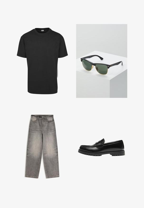 T-shirt en coton noir à manches courtes, col rond et coupe standard. Le tissu semble lisse et sans décoration.; Jean en denim gris taille haute avec jambes larges, fermeture avant par boutons et zip, passants de ceinture, et design à cinq poches.; Mocassin en cuir noir avec une semelle en caoutchouc épaisse et un détail classique de bride à monnaie, vu de côté extérieur.; Lunettes de soleil Ray-Ban avec des verres verts, monture en plastique noir et accents dorés sur les bords. Forme carrée avec une finition mate.