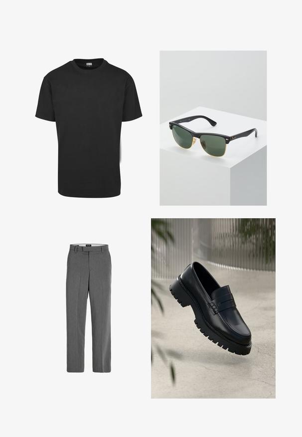 Sort bomuld t-shirt med korte ærmer, rund halsudskæring og almindelig pasform. Stoffet fremstår glat og uden pynt.; Grå bukser med en glat tekstur, lige ben-design og subtilt lodret mønster. Har remsløjfer samt for- og baglommer.; Sorte læder loafers med en chunky sål, der har en dekorativ rem og syninger. Glat tekstur med en poleret overflade.; Ray-Ban solbriller med grønne linser, sorte plastikstel og gyldne detaljer ved kanterne. Firkantet form med mat finish.