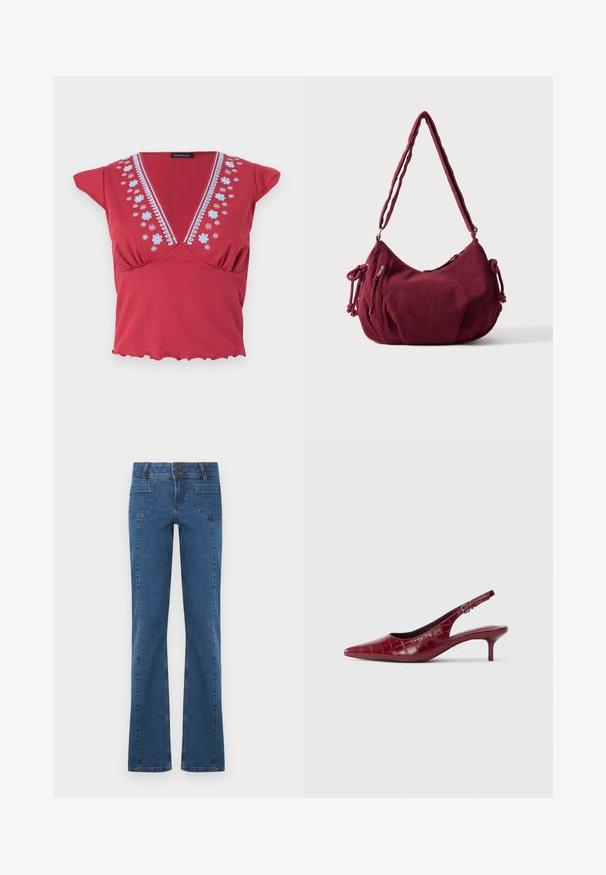 Haut rouge à manches courtes avec un col en V profond, broderie florale bleue le long du col et ourlet volanté sur fond blanc.; Jean en denim bleu avec poches avant à patch, fermeture à double bouton, et jambes légèrement évasées, présenté à plat sur fond blanc.; Escarpin à talon kitten en cuir bourgogne avec texture crocodile, bout pointu, bride ajustable et talon bas sur fond blanc.; Sac d'épaule en velours côtelé bordeaux doux avec une sangle réglable, fermeture éclair, liens latéraux et une poche avant zippée.