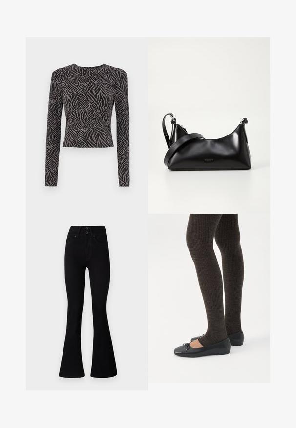 Langærmet sort top med en tekstureret zebra mønster og metalliske accenter. Tæt siddende design, rund halsudskæring og cropped snit.; Pepe Jeans FLARE CONTOUR - Flared jeans - black denim; Ben iført mørke ribbede leggings kombineret med sorte balletsko med små sløjfedetaljer på hvid baggrund.; Sort læderhåndtaske med en glat tekstur. Har en justerbar stropp og et enkelt, minimalistisk design med lynlås.