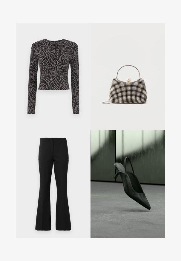 Langærmet sort top med en tekstureret zebra mønster og metalliske accenter. Tæt siddende design, rund halsudskæring og cropped snit.; Sorte skræddersyede bukser med høj talje og let udvidede ben, præsenteret mod en ensfarvet hvid baggrund.; Sort læder slingback højhælet sko med spids tå svævende over gråt tæppe, sløret grønlig væg i baggrunden.; Lille håndtaske med sølv gittermønster, buet håndtag, stor perle lukning og en tynd sølvkæde strop på en ensfarvet baggrund.