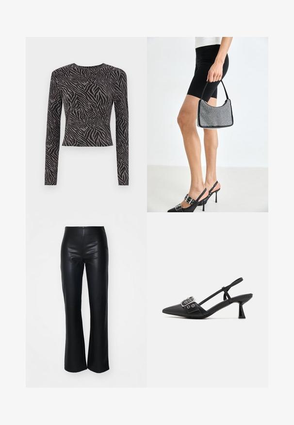 Langærmet sort top med en tekstureret zebra mønster og metalliske accenter. Tæt siddende design, rund halsudskæring og cropped snit.; Sorte faux læder flared bukser med en glat tekstur, der har en tætsiddende talje og let flagrende ben, designet til at give en slank silhuet.; Simmi London DALA - Pumps - black; Sort perlehandtaske med en buet silhuet, bærehåndtag og blank overflade. Båret med højhælede sorte sko og tætsiddende sorte shorts.