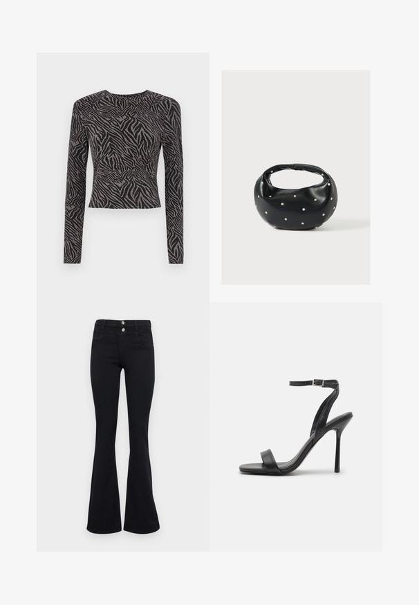 Langærmet sort top med en tekstureret zebra mønster og metalliske accenter. Tæt siddende design, rund halsudskæring og cropped snit.; ONLY ONLRAIN FLARED - Flared jeans - washed black; Sort højhælet sandal med en slank ankelrem og to forreste bånd. Lavet af glat læder med en slank spids tå og stilettohæl.; Sort læderhåndtaske med en rundet form, dekoreret med sølvnitter, og et kort håndtag. Glat tekstur og lynlåslukning.