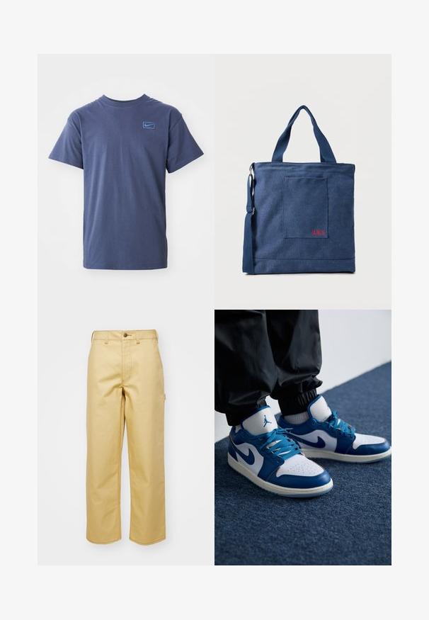 Námornícky modré tričko s krátkym rukávom a okrúhlym výstrihom, s malým svetlomodrým logom Nike na ľavej strane hrude.; Béžové široké nohavice vyrobené z bavlny s predným zapínaním na gombík, pútkami na opasok a bočnými vreckami. Hladká textúra s viditeľnými švovými detailmi.; Nike Air Jordan tenisky majú bielu koženú základňu s modrými syntetickými akcentmi, perforovanou špičkou a modrými šnúrkami.; Modrá taška na plátno s predným vreckom a červenou výšivkou "O.N.S", obsahujúca dvojité rúčky a nastaviteľný ramenný popruh.