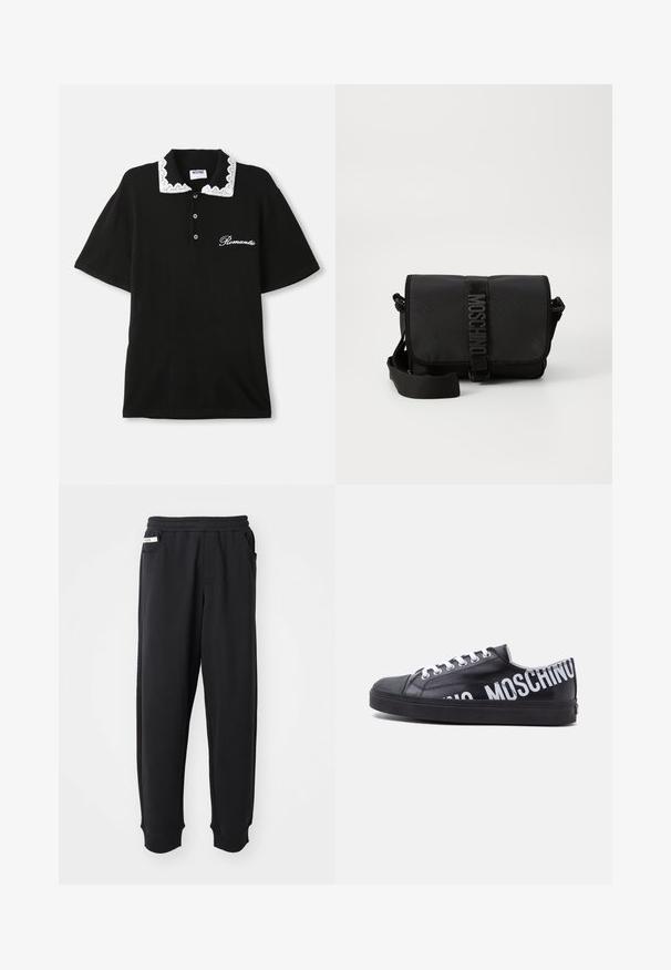 Schwarzes Polo-Shirt mit kurzen Ärmeln und weißem Spitzenkragen, drei vorderen Knöpfen und dem Aufdruck "Romantic" auf der Brust.; Schwarze Jogginghose aus weichem Stoff, mit einem elastischen Bund, seitlichen Taschen und gerippten Bündchen an den Knöcheln. Minimalistisches Design.; Schwarzer Sneaker mit niedrigem Schnitt, weißen Schnürsenkeln und fett gedrucktem weißen "MOSCHINO"-Text, der um die Ferse und die Seite verläuft.; Schwarze Nylon-Crossbody-Tasche mit Klappe, ausgestattet mit einem auffälligen Logo-Gurtverschluss, verstellbarem Tragegurt und seitlichen Steppnähten.