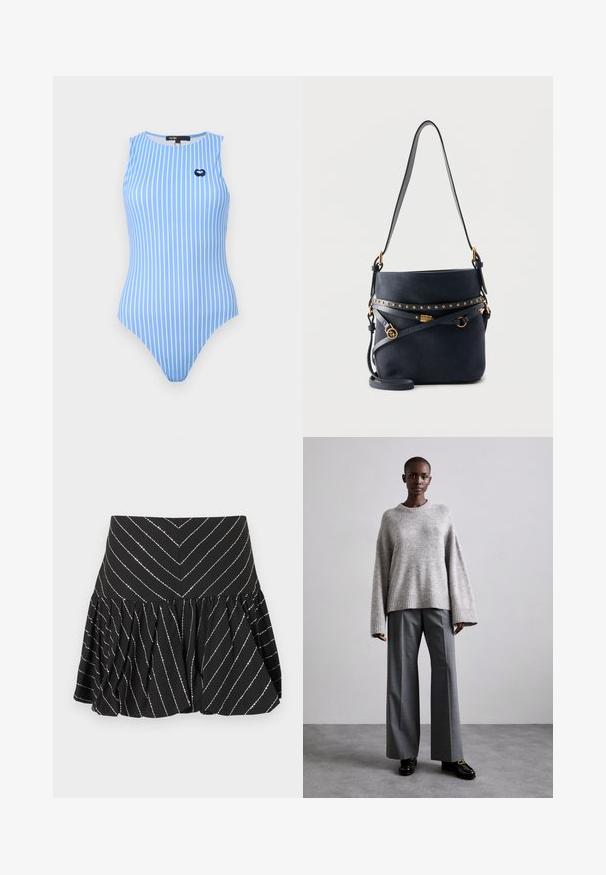 Maillot de bain bleu sans manches avec des rayures blanches verticales et un petit emblème en forme de cœur marine sur la partie supérieure gauche de la poitrine.; Mini-jupe évasée noire avec des rayures diagonales argentées et une couture froncée sous la ceinture pour plus de volume et de texture.; Pull en maille gris avec des manches larges et un ourlet côtelé, assorti à un pantalon gris taille haute avec un motif à carreaux discret et des mocassins noirs.; Sac seau en daim noir avec clous dorés, bandoulières en cuir ajustables et détails en métal doré, présenté sur un fond clair uni.
