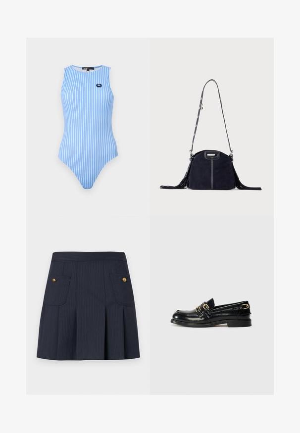 Maillot de bain bleu sans manches avec des rayures blanches verticales et un petit emblème en forme de cœur marine sur la partie supérieure gauche de la poitrine.; Jupe à rayures bleu marine foncé avec des plis à l'avant et deux poches à rabat ornées de boutons dorés de chaque côté.; Mocassins en cuir noir avec une finition brillante, dotés de deux boucles dorées et d'un talon bas. Texture lisse avec un design à bout arrondi.; Sac à main en daim bleu foncé avec des coutures blanches, une poignée découpée, une bandoulière à motif et de longues franges des deux côtés.