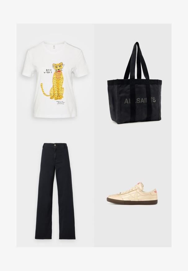 Weißes Baumwoll-T-Shirt mit einem Cartoontiger, der eine Brille trägt, gelbe Flecken hat und verspielte Texte zeigt: "SCHLECHTE VIBES" und "GEH NICHT MIT MEINEM LIPPENSTIFT."; Schwarze High-Waist-Jeans mit weitem Bein, Knopf- und Reißverschluss, sichtbaren Vordertaschen, flach liegend auf weißem Hintergrund.; Sneaker in Cremefarben mit einer strukturierten Lederoberfläche, einer braunen Gummisohle und einem auffälligen roten Logo an der Ferse.; Schwarze Canvas-Tragetasche mit zwei langen Henkeln und dem "ALLSAINTS" Logo in verblasstem Grau auf der Vorderseite gedruckt.