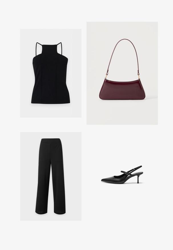 Haut noir sans manches avec col montant et fines bretelles, silhouette ajustée, présenté sur un fond clair uni.; Pantalon noir taille haute à jambes larges avec un devant lisse sans poches visibles ni fermetures apparentes.; Talons aiguilles noires en cuir avec un bout pointu, une fine bride réglable, et un talon aiguille d'environ 5 cm, texture lisse.; Sac à main brillant bordeaux foncé avec une anse fine unique et une forme trapézoïdale élégante sur un fond clair uni.