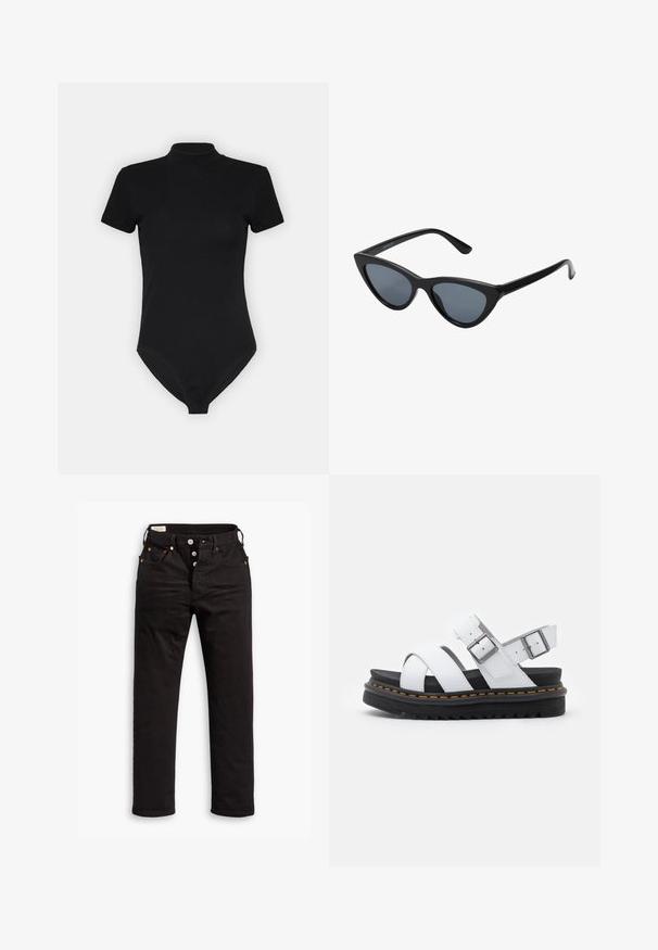 Sort bodysuit med høj hals, korte ærmer og tætsiddende design. Lavet af et glat, strækbart stof med en sømløs bund.; Sorte lige jeans med knaplukning, front- og baglommer samt kobbernitte detaljer på en hvid baggrund.; Hvide lædersandaler med justerbare spænder, lagdelt sort platformssål og orange syning langs kanten.; Sorte katteøje solbriller med mørkegrå linser, slankt plastisk stel, spidse hjørner og lige stænger. Ingen synlig hardware eller dekorationer.