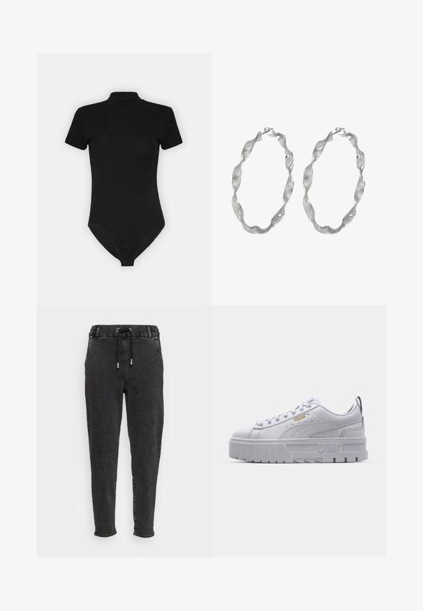 Sort bodysuit med høj hals, korte ærmer og tætsiddende design. Lavet af et glat, strækbart stof med en sømløs bund.; Sorte denim joggerbukser med elastisk talje, snøre lukning, tapered ben og en subtil falmet tekstur på stoffet.; Hvide platform sneakers med en glat læderoverdel, polstret krave, grå gummisål og gyldne detaljer med Puma-logoet.; Sølv hoop øreringe med et snoet design, der har en tekstureret overflade og en sikker lås. Letvægts og reflekterende med en glat finish.