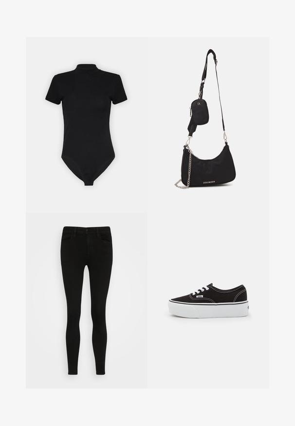 Sort bodysuit med høj hals, korte ærmer og tætsiddende design. Lavet af et glat, strækbart stof med en sømløs bund.; Svarte skinny jeans med en glat denimtekstur, fem lommer, knaplukning foran og bæltesløjfer. Tæt siddende design hele vejen igennem.; Sort lærred sneakers med en hvid gummi platform sål, der har hvide snørebånd og syninger, ikonisk branding på siden, lav-top design.; Sort nylon skuldertaske med en buet form, sølvfarvet kædeaccent, aftagelig mini-pung og justerbar rem; prydet med "Steve Madden" logo.