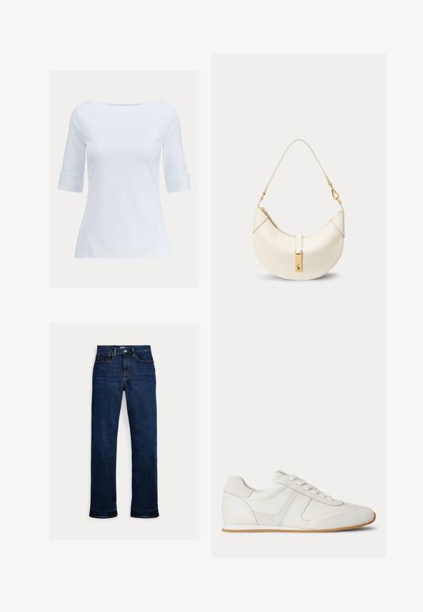 Camisa blanca ajustada de manga corta con escote de barco y puños doblados sobre un fondo liso.; Vaqueros de mezclilla azul oscuro de pernera recta con botón y cremallera delanteros, diseño de cinco bolsillos y detalles de costuras visibles.; Zapatilla blanca de corte bajo con cordones en la parte frontal, paneles de ante y cuero, y una suela de goma marrón claro sobre un fondo blanco.; Bolso de cuero color crema con forma de media luna, con correa corta y cierre en tono dorado que presenta un pequeño logo grabado.