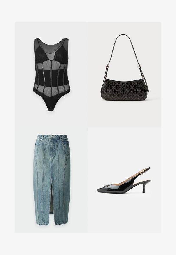 Sort bodysuit med mesh-stof, strukturerede kopper, lodrette paneler med glansfulde accenter og en scoop halsudskæring.; Copenhagen Muse JEANNE SKIRT - Denimnederdele - medium dirty washed denim; Sort patentlæder slingback hæl med spids tå, lille kitten hæl og sølvspænde på en ensartet hvid baggrund.; Sort håndtaske med geometrisk mønster, buet form, glat tekstur og en lang justerbar skulderrem; har detaljer i guldfarvet metal.