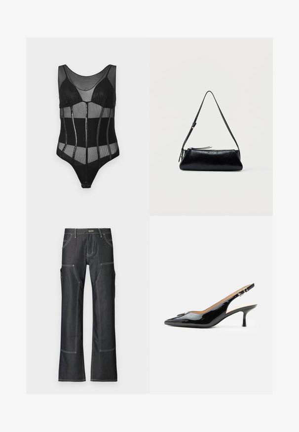 Sort bodysuit med mesh-stof, strukturerede kopper, lodrette paneler med glansfulde accenter og en scoop halsudskæring.; Mørke denim cargo bukser med hvid kontrastsyning, der har flere lommer og en nederdel design med vidde. Holdbart materiale og metalknaplukning.; Sort patentlæder slingback hæl med spids tå, lille kitten hæl og sølvspænde på en ensartet hvid baggrund.; Sort læder skuldertaske med tynd justerbar rem, lynlåslukning og lille metal "GUESS" logo foran i midten.