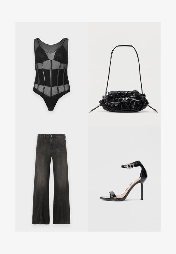 Sort bodysuit med mesh-stof, strukturerede kopper, lodrette paneler med glansfulde accenter og en scoop halsudskæring.; Sort denim i brede ben med en falmet finish, med to forlommer og syede detaljer langs sømmene. Høj talje.; Sort højhælet sandal i laklæder med ankelrem. Har minimalistisk design, åben tå og spænde med rhinsten-detaljer.; Sort læderhåndtaske med et opsamlet design og sløjfedetalje foran. Har en kort hank og sølvfarvede hardware-accenter.