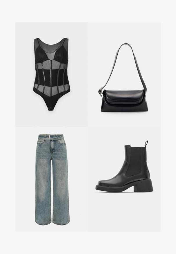 Sort bodysuit med mesh-stof, strukturerede kopper, lodrette paneler med glansfulde accenter og en scoop halsudskæring.; Høj talje, vidde-benet jeans i falmet blå denim med matchende denimbælte og klassisk fem-lomme-design.; Sorte læder ankelstøvler med elastiske sidepaneler, afrundet tå og en kraftig blokhæl. Glat tekstur med et minimalistisk design.; Sort læderhåndvask med en struktureret form, en glat overflade og en enkelt skulderrem. Har et subtilt, rundet klapdesign.