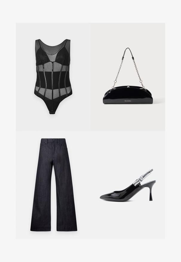 Sort bodysuit med mesh-stof, strukturerede kopper, lodrette paneler med glansfulde accenter og en scoop halsudskæring.; Bredde ben mørke denim jeans med en glat tekstur, traditionelt fem-lomme design og en subtil glans med en knaplukning.; Sorte patenterede læder slingback stiletter med spids tå, moderat hæl, og en rem med fed hvid branding langs kanten.; Sort blank skuldertaske med sølvkæde og lille KARL LAGERFELD-logo foran, mod en ensartet lys baggrund.