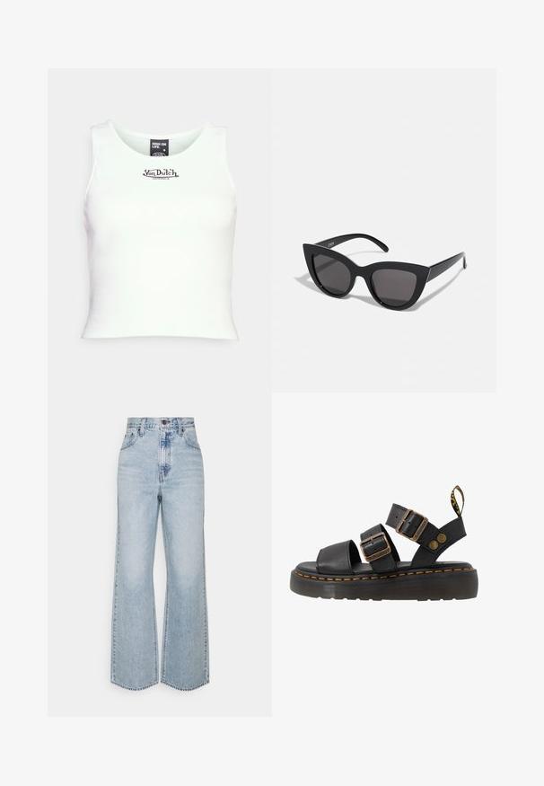 Weißes, geripptes Croptop mit Rundhalsausschnitt und schwarzem "Von Dutch"-Logo in der Mitte. Hergestellt aus einem dehnbaren Baumwoll-Mischgewebe.; Helle blaue Jeans im weiten Schnitt mit hoher Taille, klassischem Fünf-Taschen-Design und kontrastierenden Nähten. Unfinished Saum am unteren Ende.; Schwarze Leder-Sandalen mit zwei verstellbaren Schnallenriemen, Gummisohle und gelben Zierstichen. Mit einem Zugband an der Ferse.; Schwarze Cat-Eye-Sonnenbrille mit matter Oberfläche, grauen getönten Gläsern, scharfen Kanten und schlanken Bügeln. Der Markenname ist auf dem inneren Bügel sichtbar.