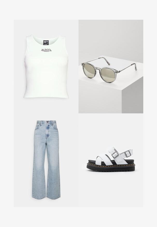 Weißes, geripptes Croptop mit Rundhalsausschnitt und schwarzem "Von Dutch"-Logo in der Mitte. Hergestellt aus einem dehnbaren Baumwoll-Mischgewebe.; Helle blaue Jeans im weiten Schnitt mit hoher Taille, klassischem Fünf-Taschen-Design und kontrastierenden Nähten. Unfinished Saum am unteren Ende.; Weiße Leder-Sandalen mit verstellbaren Schnallenriemen, geschichteter schwarzer Plateausohle und orangefarbener Naht entlang der Kante.; Runde Sonnenbrillen mit transparenten grauen Fassungen und grau getönten Gläsern. Metallakzente an den Bügeln und gebogene Arme für Stabilität.