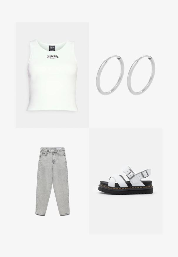 Witte geribbelde cropped tanktop met een ronde hals en zwart "Von Dutch" logo in het midden. Gemaakt van rekbare katoenmix.; Lichtgrijze jeans met hoge taille en rechte pijpen, voorzakken, riemlussen en een ritssluiting.; Witte leren sandalen met verstelbare gespsluitingen, gelaagde zwarte plateauzool en oranje stiksel langs de rand.; Zilveren hoepeloorbellen, cirkelvormig, met een gladde glanzende textuur en een constante breedte. Minimalistisch ontwerp zonder extra accenten.