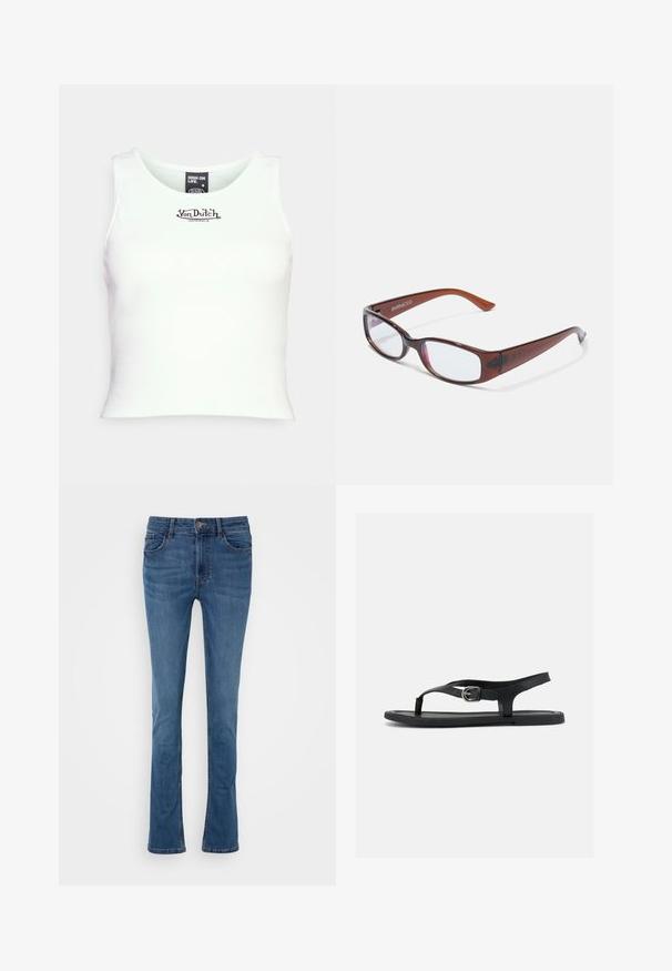 Hvid ribbet crop tank top med rund halsudskæring og sort "Von Dutch" logo i midten. Lavet af strækbart bomuldsblandingsstof.; Blå denim flared jeans med fem lommer, bæltestropper og en lynlås foran. Har en glat tekstur og let falmende.; Sort flad sandal med ankelrem, tæsepind og sølvspænde på glat sål, vist fra siden på hvid baggrund.; Brune-farvede rektangulære briller med en glat overflade, der har slanke arme og gennemsigtige linser. Logoet er synligt på venstre temple.
