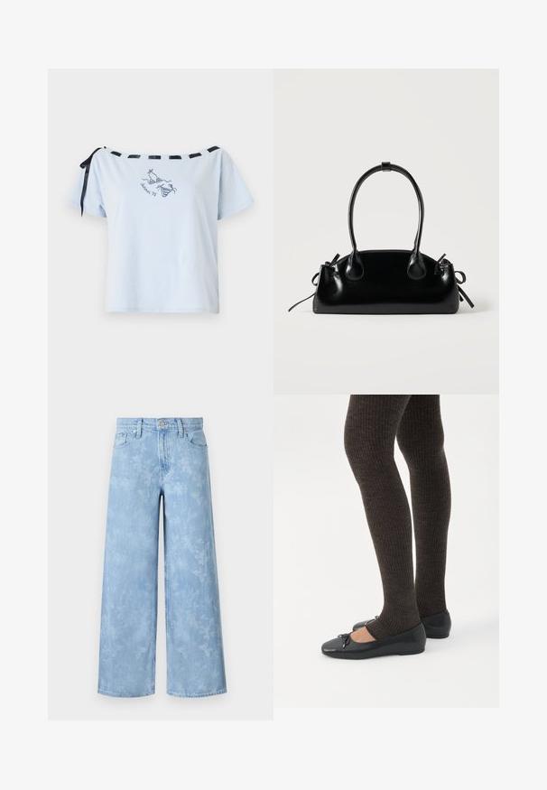 Svetlo modré tričko s krátkymi rukávmi a off-shoulder dizajnom, čierne saténové stužky ako akcenty a vyšívaný grafický nápis "Leto 98". Mäkký bavlnený materiál.; Svetlomodré široké džínsy so zrenovovaným kvetinovým vzorom, piatimi vreckami a zapínaním na gombík v oblasti pása. Denimová látka s jemnou textúrou.; Nohy v tmavých pásikavých legínach v kombinácii s čiernymi balerínkami s malými mašličkami na bielom pozadí.; Malá čierna lesklá kabelka s dvoma dlhými rúčkami a bočnými šnúrkovými detailmi na jednoduchom svetlom pozadí.