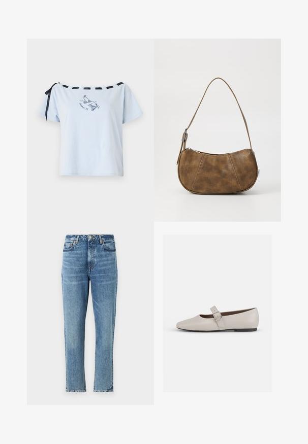 Lysblå t-shirt med korte ærmer og off-shoulder design, sorte satinbånd detaljer og broderet "Summer 98" grafisk motiv. Blødt bomuldsstof.; Lyseblå denimjeans med høj talje, lige ben og slidt tekstur. Udstyret med sølvhardware og kontrasterende syninger.; Beige læder Mary Jane flad sko med spids tå, ankelrem og en sølvspænde detalje, der har en lav sort hæl.; Brun faux læder skuldertaske med en buet form, en enkelt strop, kontrasterende syninger og en lynlåslukning langs den øverste kant.