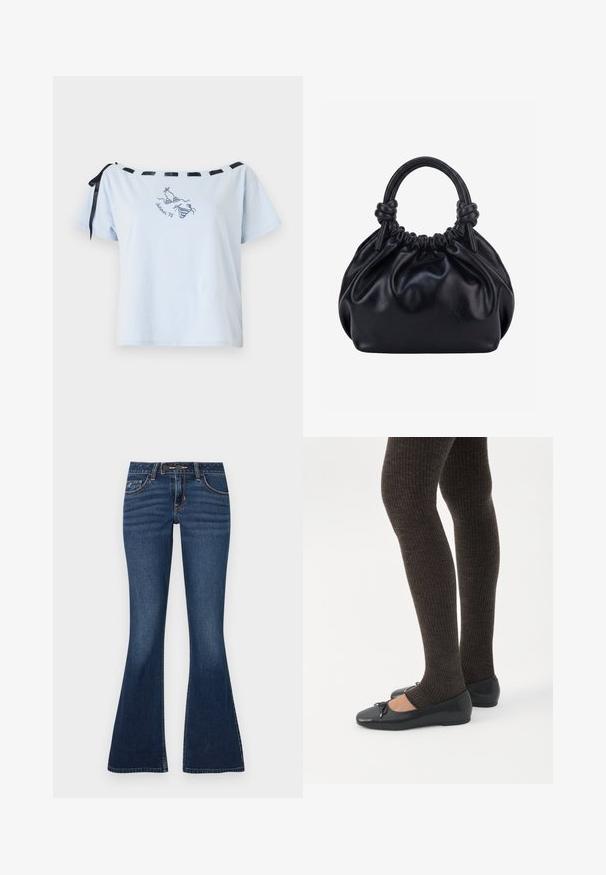 Lysblå t-shirt med korte ærmer og off-shoulder design, sorte satinbånd detaljer og broderet "Summer 98" grafisk motiv. Blødt bomuldsstof.; Flared jeans i mørkeblå denim med et klassisk fem-lomme-design, kontrastsyninger og lynlås med knaplukning.; Ben iført mørke ribbede leggings kombineret med sorte balletsko med små sløjfedetaljer på hvid baggrund.; Sort blød læderhåndtaske med samlet top og to tykke håndtag bundet i knuder mod en ensfarvet lys baggrund.