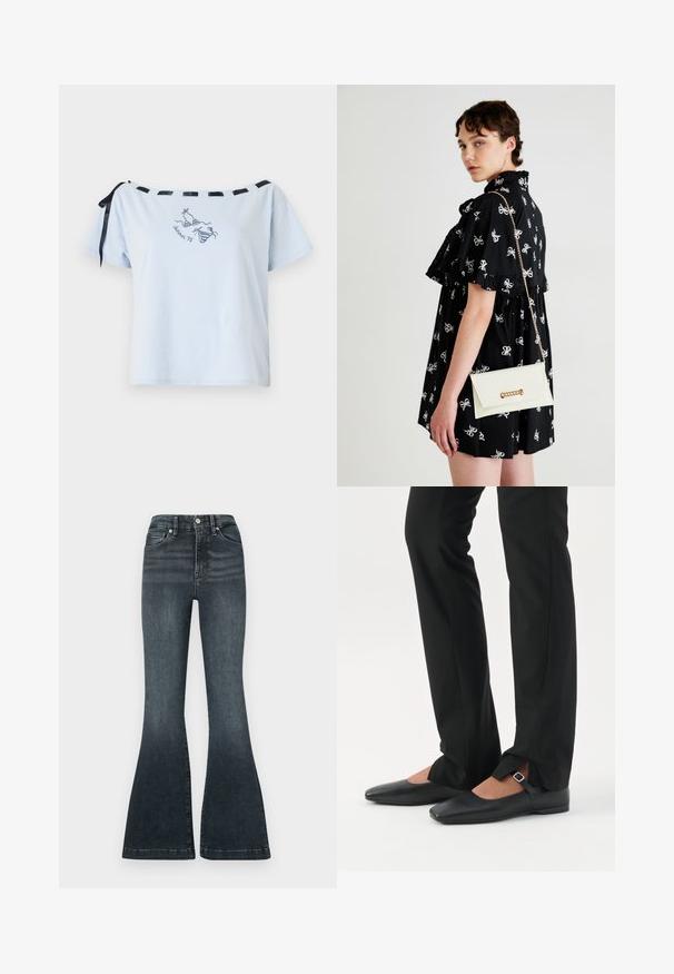Heledsinine lühikeste varrukatega T-särk, avatud õlgade disainiga, mustad satiinribad ning tikandiga "Suvi 98" graafika. Pehme puuvillane materjal.; Good American ALWAYS FITS GOOD LEGS FLARE TROUSER - Alt laienevad teksad - indigo; Jalad, mis kannavad mustaid kitsaid pükse esiosal lõhikutega allääres, kombineeritud mustade lameda tallaga Mary Jane kingadega, millel on väike pandlakinnitusega rihm.; Must mustriga valgete lipsumustritega, lühikesed varrukad, volangid õlgadel. Valge käekott kuldse ahela ja klambriga, peos paremas käes.