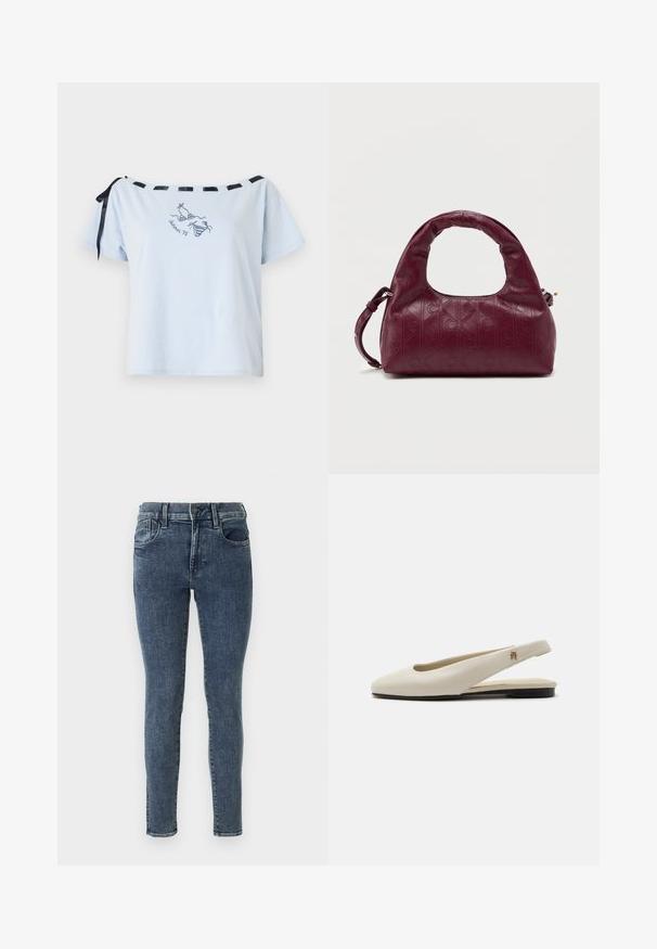 Lichtblauwe t-shirt met korte mouwen en off-shoulder ontwerp, zwarte satijnen lintaccenten en geborduurd "Summer 98" grafiek. Zacht katoenmateriaal.; Skinny jeans in donkerblauwe denim met subtiele vervaging. Heeft een middelhoge taille, vijf zakken en contrasterende stiksels langs de naden.; Crèmekleurige leren slingback platte schoen met ronde neus en klein gouden embleem op het bandje.; Bordeaux leren handtas met een afgeronde handgreep, reliëf diamantpatroon, afneembare schouderband en subtiele gouden hardwareaccenten.
