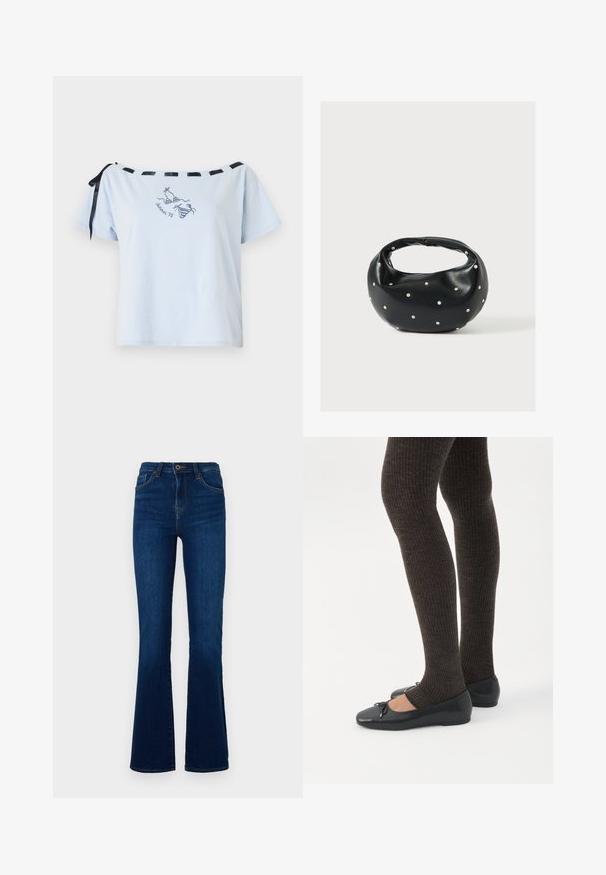 Camiseta corta de manga corta de color azul claro con diseño off-shoulder, detalles de cinta de satén negra y gráfico bordado "Summer 98". Material de algodón suave.; Jeans de mezclilla azul oscuro con corte acampanado y cintura alta, que cuentan con bolsillos frontales, cierre con cremallera y detalles de costura sutiles.; Piernas con leggings oscuros acanalados combinados con bailarinas negras que presentan pequeños detalles de lazo sobre un fondo blanco.; Bolso de mano de cuero negro con forma redondeada, decorado con detalles de tachuelas plateadas y un asa corta. Textura lisa y cierre con cremallera.