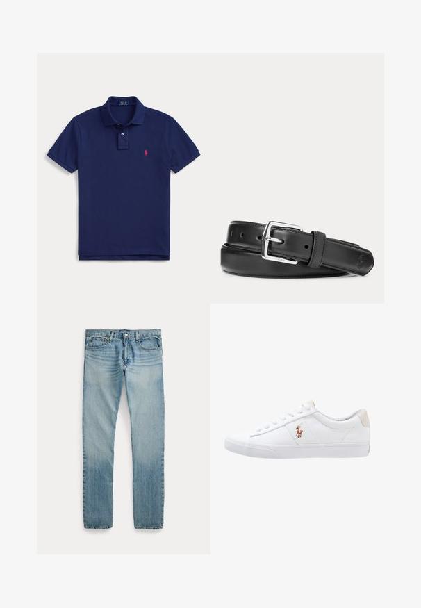 Polo majica mornarsko plave boje s ovratnikom, kopčanjem na dva gumba, kratkim rukavima i malim crvenim Ralph Lauren logom na lijevoj strani prsa.; Svijetloplave traperice ravnog kroja s pet džepova, kopčanjem na gumb i diskretnim izblijedjelim detaljima oko bedara i koljena.; Bijela platnena tenisica s niskim dizajnom, s bež tabanom na peti i malim izvezenim logotipom sa strane. Gumeni đon.; Crni kožni remen sa srebrnom pravokutnom kopčom, smotan na bijeloj pozadini, s diskretnim utisnutim logotipom na vrhu.
