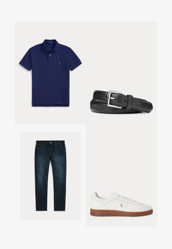 Marineblaues Polohemd mit Kragen, zwei Knöpfen, kurzen Ärmeln und kleinem roten Ralph Lauren Logo auf der linken Brust.; Dunkelblaue Slim-Fit-Jeans mit leichtem Verblassen und Fünf-Taschen-Design, flach auf weißem Hintergrund liegend.; Weißer Sneaker mit niedrigem Schnitt, brauner Sohle, Schnürung vorne und kleinem goldfarbenem Polo Ralph Lauren Logo an der Seite.; Schwarzer Ledergürtel mit silberner rechteckiger Schnalle, aufgerollt auf weißem Hintergrund, mit dezent geprägt Logo an der Spitze.