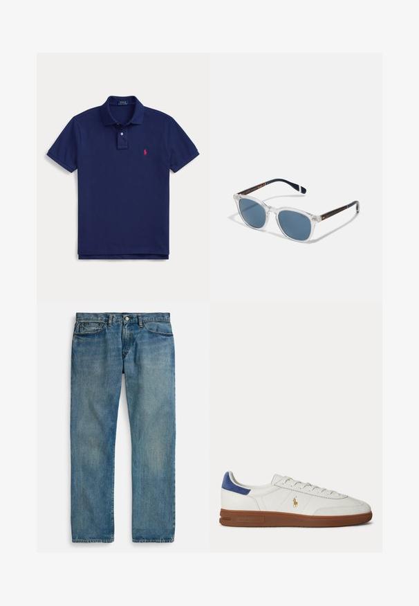 Marineblauw polohemd met kraag, twee knopen, korte mouwen en klein rood Ralph Lauren-logo op de linkerborst.; Lichtblauwe denim jeans met een rechte pijpvorm, voorzien van vijf zakken, een knoopsluiting en subtiele vervaging voor textuur.; Witte lage sneaker met bruine zool, blauwe hieltab, veters en gouden Polo Ralph Lauren-logo aan de zijkant.; Polo Ralph Lauren 0PH4206 - Zonnebril - shiny/transparent