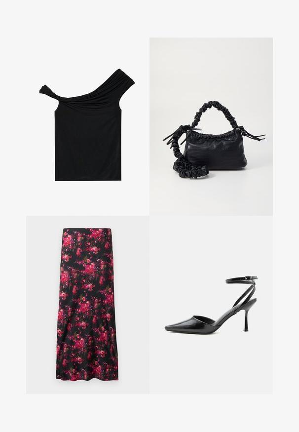 Schwarzes, schulterfreies Oberteil aus einem weichen Stoff. Mit gedrehten Details am Ausschnitt und einer figurbetonten Silhouette.; Blumen-Midi-Rock in Schwarz mit einem lebhaften Muster aus rosa und roten Blumen. Glattes Material, A-Linien-Form, mit einem breiten Saum.; Schwarzer spitzer High Heel mit dünnen Knöchelriemen und silberner Schnalle auf einfachem hellem Hintergrund.; Schwarze Handtasche aus Kunstleder mit Krokodilstruktur, gerafftem oberen Teil und einem geschoppten Tragegurt. Sie wirkt weich und kompakt im Design.